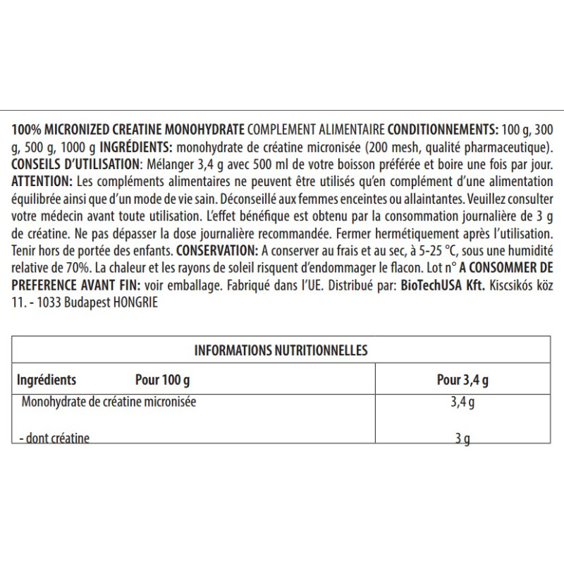 info Nutritionelle Creatine Monohydrate BIOTECH USA